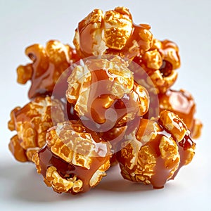 Pile of Caramel Popcorn with Glossy Texture on Clean White Background