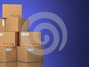 Pile of cardboard boxes on a blue background.