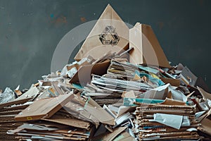 A pile of cardboard boxes and papers with a triangle on top that says recycle