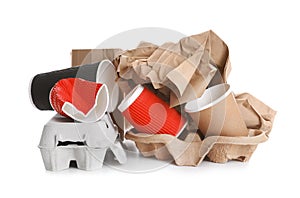 Pile of cardboard garbage on white background. Recycling rubbish