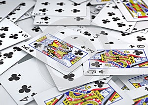 Pile of cards clubs suite lying on table