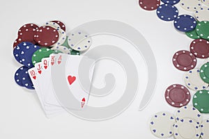 Pile of cards and poker chips with copy space