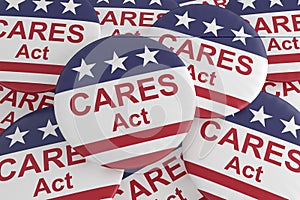 Pile of CARES Act Buttons With US Flag, 3d illustration