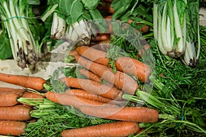 Pile of carrots and spinachs from a market photo