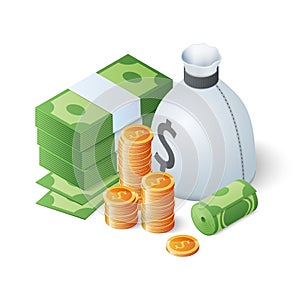 Pile of cash and gold coins. Isometric vector illustration