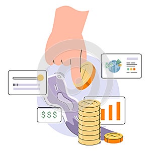 Pile of cash money banknotes, hand holding gold coins. Currency, public finance, bank deposite