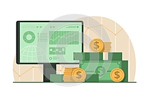 Pile of Cash Money and Computer Screen Monitor with Trading Graph for Online Investment Concept Illustration