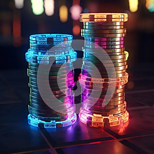 Pile of casino poker chips in futuristic design. Poker chip layout concept under the glow of casino lights.