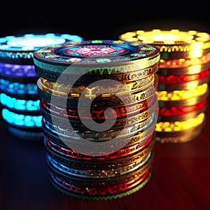 Pile of casino poker chips in futuristic design. Poker chip layout concept under the glow of casino lights.