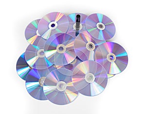 Pile of CDs on white background.