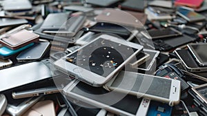 A pile of cell phones and other electronic devices are piled on top of eachother, AI photo