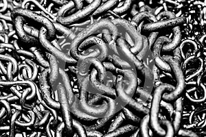 Pile of chains linked together in high contrast black and white