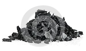 Pile of charcoal particles isolated on white background, Xylanthrax. Natural wood charcoal