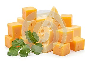 Pile of cheddar cheese cubes and wedge isolated on white background
