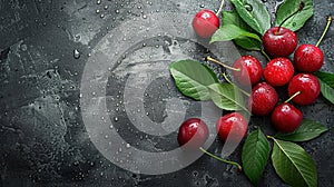 Pile of cherry with leaf and water drops on black stone table. Ripe ripe cherries.