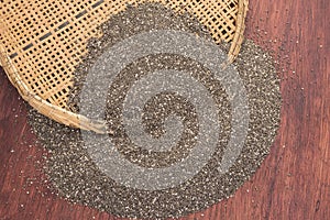 Pile of chia seeds and traditional sifter