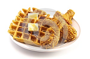 Pile of Chicken and Waffles Isolated on a White Background