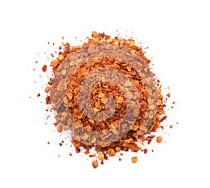 A pile of chilli spice on a white background