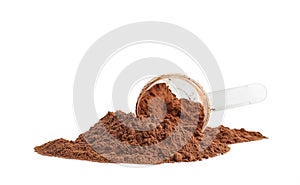 Pile of chocolate powder and scoop isolated on white photo