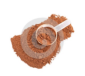 Pile of chocolate protein powder and  isolated on white, top view
