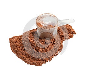 Pile of chocolate protein powder and scoop  on white