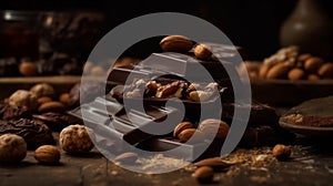 A pile of chocolates and nuts are on a table.