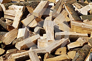 Pile of chopped fire wood pieces. Solid ecological fuel for heat