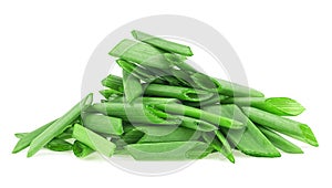 Pile of chopped fresh green onions isolated on white background. Chopped spring onion or scallion
