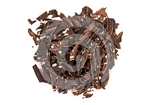 Pile chopped, milled chocolate shavings isolated