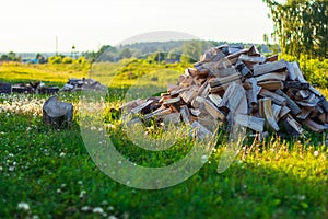 Pile of chopped stack firewood on grass on summer day