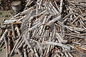 Pile of chopped wood trunk pieces for fire in the countryside. Timber background