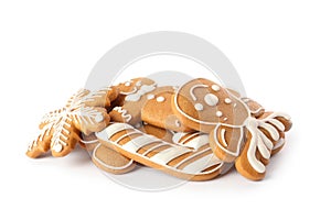 Pile of Christmas cookies on white