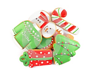 Pile of Christmas cookies on white background, top view