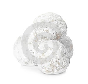 Pile of Christmas snowball cookies on white background photo