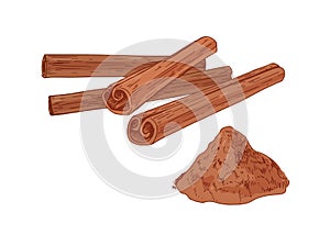 Pile of cinnamon sticks and heap of aromatic baking cinamon powder isolated on white background. Composition with
