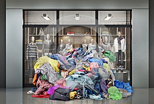 A pile of clothes pours out of an open clothing store.