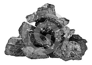 Pile of coal isolated on a white background close-up
