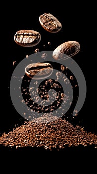 Pile of coffee beans is falling from the sky