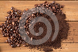 Pile of Coffee Beans and Grounds in Middle of Wood photo