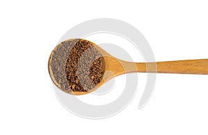 Pile of coffee powder in wooden spoon isolated on white background