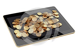 Pile coin on a touch pad tablet. Business finance concept.