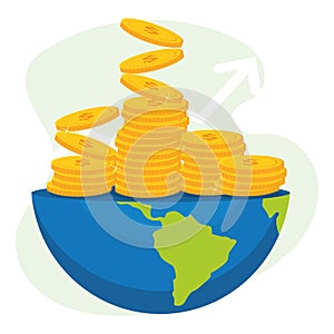 Pile of coins above planet earth Finance icon Vector