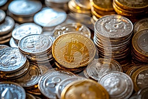 A pile of coins with a bit coin on top of them