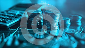 The Pile of Coins and Calculator.AI generated image