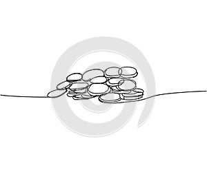 Pile of coins, cents, pennies dollars, hryvnia, euro one line art. Continuous line drawing of bank, money, finance
