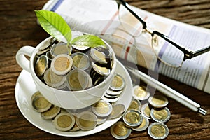 Pile of coins and young plant on top in coffee cup with newspapers