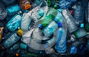 Pile of collected waste bottle, plastic bag, top view