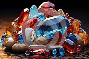 A pile of colored gemstones. Collection mix of gemstones jewelry on dark background. Generative AI photo