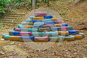 Pile of Colored Tires at Nature