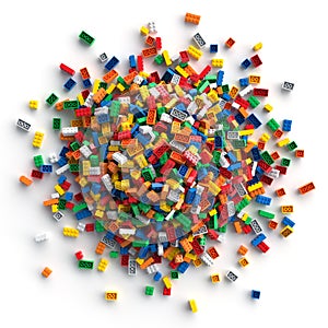 Pile of colored toy bricks isolated on white background.